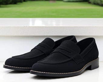 Mocasines de ante negro para hombre, zapatos de moda sin cordones de cuero