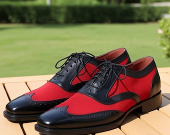 Handmade Black & Red Oxford Wingtip Shoes | Men’s Formal Brogue Dress Shoes