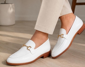 White Leather Horsebit Loafers, Handmade Slip-On Dress Shoes