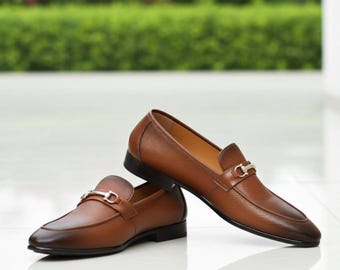 Brown Leather Bit Loafers Men Handmade Slip-On Luxury Dress Shoes Formal