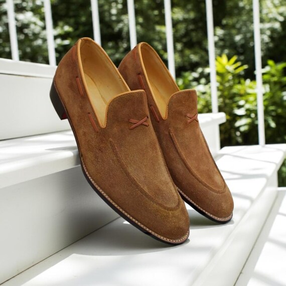 Handmade Tan Brown Suede Loafers Leather Slip-on Dress Shoes  display picture 1