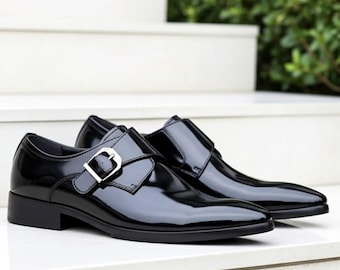 Black Patent Leather Monk Shoes for Men's Formal Wedding Shoes