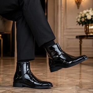May include: A pair of black ankle boots with a high-gloss patent finish, featuring a side zipper closure, a rounded toe, and a low block heel. The boots are worn with black trousers and black socks, showcasing a sleek and polished appearance.