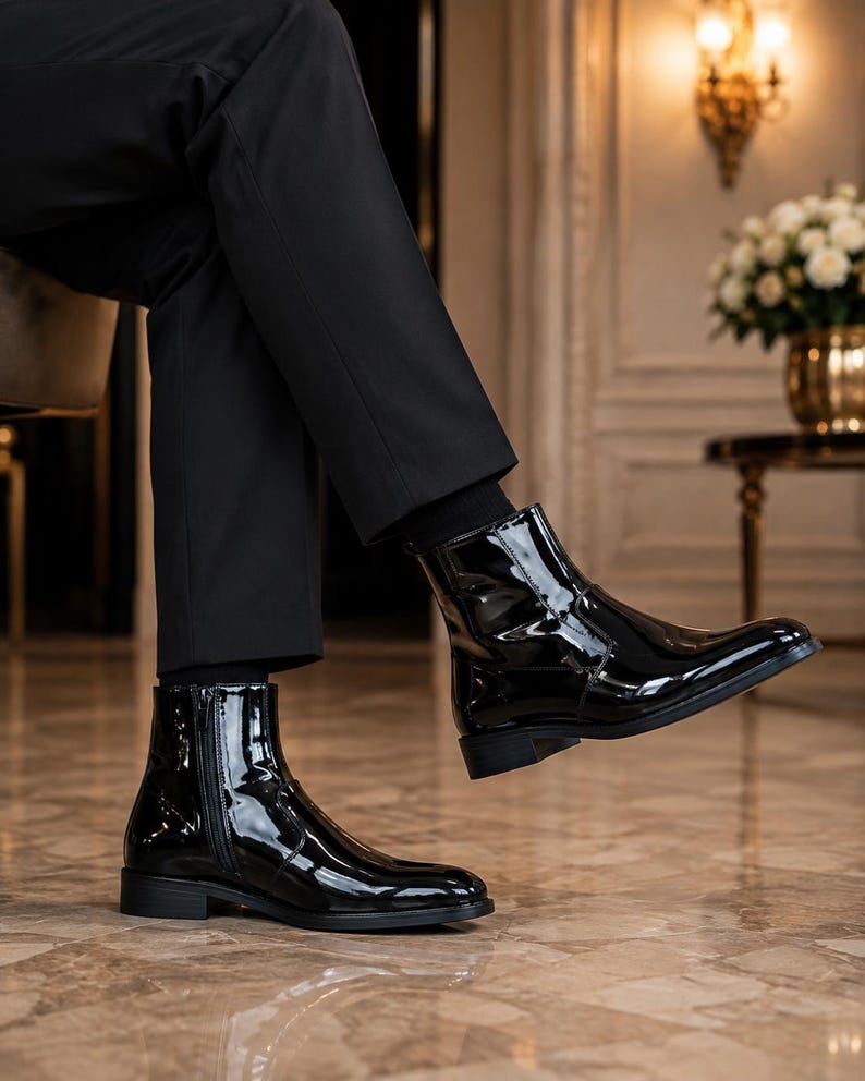 May include: A pair of black ankle boots with a high-gloss patent finish, featuring a side zipper closure, a rounded toe, and a low block heel. The boots are worn with black trousers and black socks, showcasing a sleek and polished appearance.