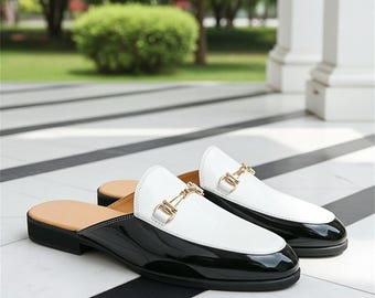 Zwart-witte leren Horsebit-muiltjes voor heren, luxe instappers zonder rug