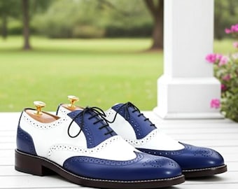 Handmade Navy White Spectator Wingtip Brogue Shoes for Men | Two-Tone Leather Dress Oxfords