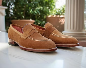 Handmade Suede Leather Penny Loafers: Tan Brown Slip-On Shoes