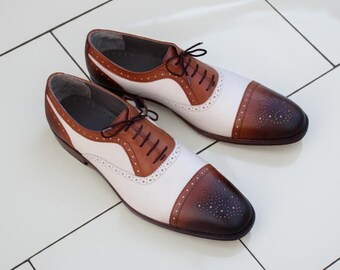 White Brown Cap Toe Brogue Oxford Shoes Men Handmade Leather Formal Wedding Dress Shoes