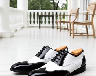 Black White Patent Leather Oxford Shoes Men Wingtip Formal Two Tone Dress Shoes