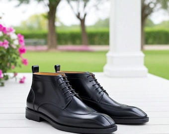 Botas de vestir de cuero negro hasta el tobillo para hombre, hechas a mano, con cordones.