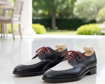 Handgefertigte Derby-Schuhe mit geschwungener Zehenkappe für Herren, schwarz-weißes Leder, elegante Business-Schuhe, Luxus