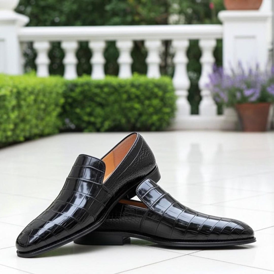 Handmade Black Crocodile Embossed Leather Loafers for Men | Luxury