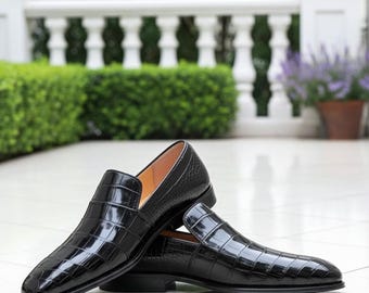 Handmade Black Crocodile Embossed Leather Loafers for Men | Luxury Slip-On Dress Shoes