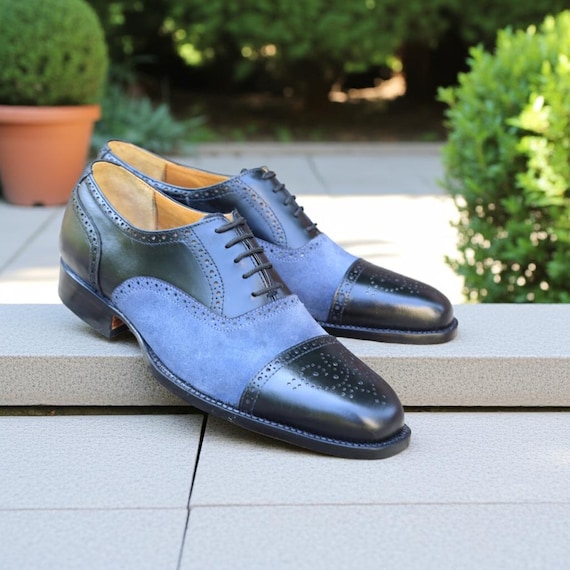 Oxford Black and Blue Cap Toe Brogue Shoes for Men Handmade Leather dress  shoes - Etsy New Zealand