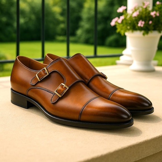 brown strap dress shoes Double Monk Men Handmade Leather Formal Business Office Shoes sleeveless halter evening gown backless dress low cut Color:x-Black offering both style and