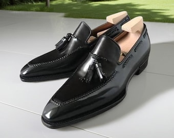 Black Patent Leather Tassel Loafers Men Handmade Slip On Formal Dress Shoes