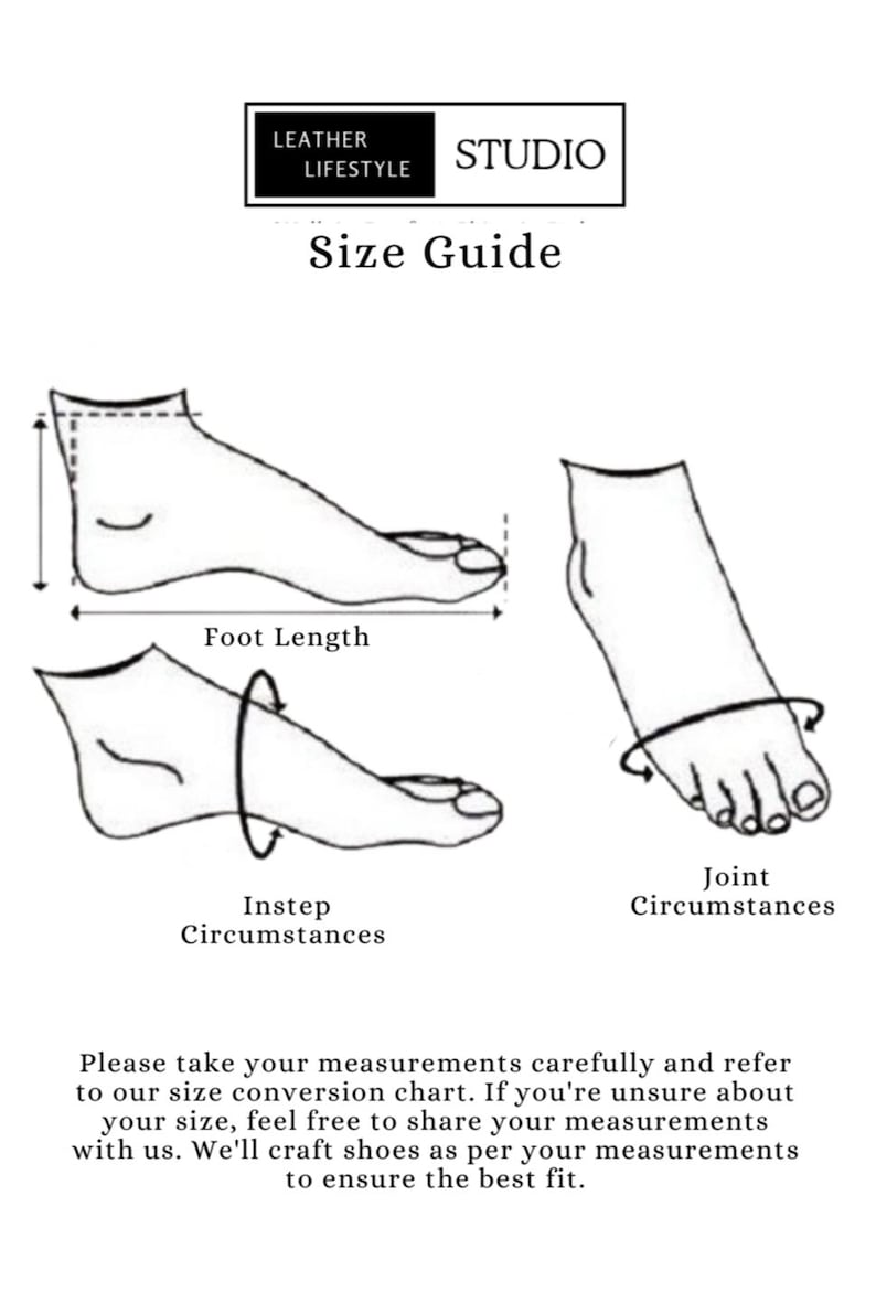 Puede incluir: Ilustraci&oacute;n de una gu&iacute;a de tallas con diagramas de pies para medir la longitud del pie, el empeine y la circunferencia de la articulaci&oacute;n. El texto incluye "LEATHER LIFESTYLE STUDIO" y "Gu&iacute;a de tallas".