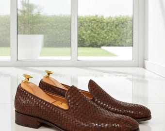Woven Brown Leather Loafers Men Slip On Handmade Luxury Summer Breathable Dress Shoes