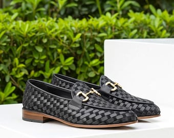 Handmade Woven Black Leather Loafers: Men's Luxury Slip-On Dress Shoes