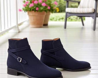 Handmade Men’s Navy Suede Jodhpur Boots – Luxury Leather Ankle Boots with Elegant Strap Design