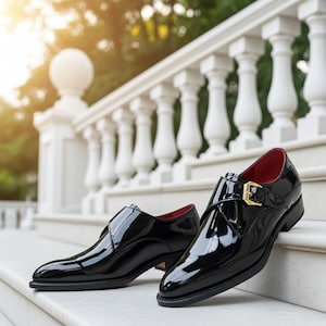 Zapatos Monk Strap de charol negro – Zapatos de vestir formales hechos a mano para hombre