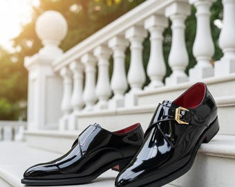 Black Patent Leather Monk Strap Shoes – Handmade Formal Dress Shoes for Men