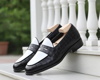 Mocasines de lujo con textura de cocodrilo en blanco y negro para hombre: zapatos de vestir formales bicolores