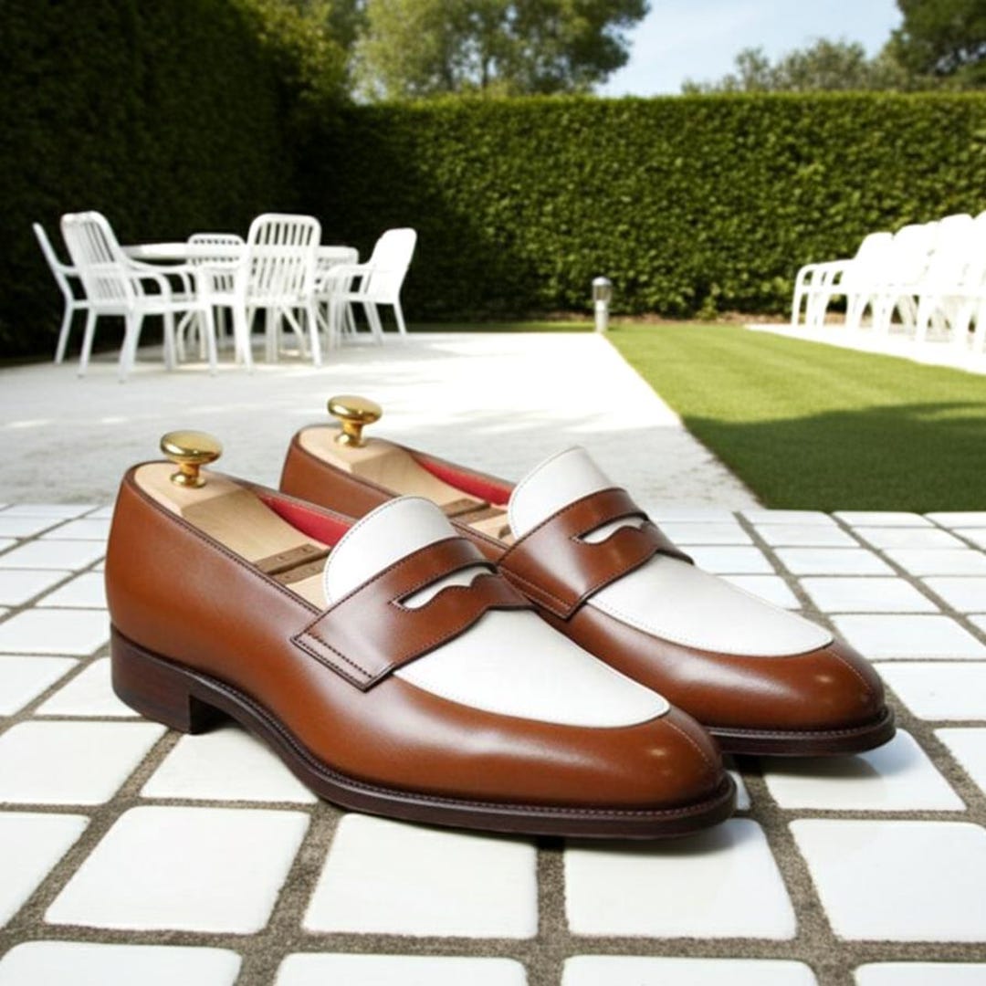 mens white and brown dress shoes Penny Loafers Men Two Tone Leather Slip On Wedding Handmade white sole dress shoes with suit