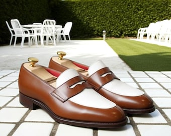 Braun Weiß Penny Loafers Herren Zwei Ton Leder Slip On Hochzeitskleid Schuhe