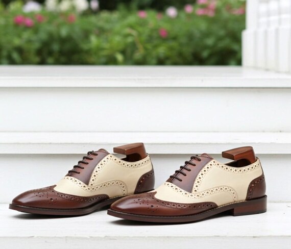 two tone brown mens dress shoes White Wingtip Brogue Men Handmade Oxford Formal Shoes Amarra 88995 | Off-Shoulder longSleeve Padded insole Size:11 1/2 Wide