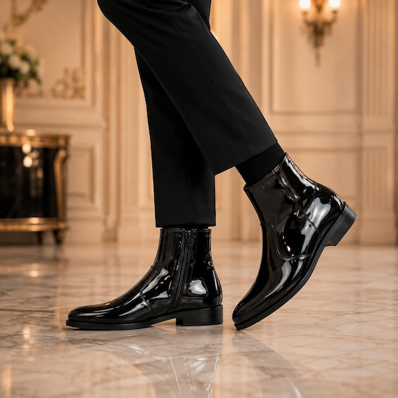 mens black dress boots with zipper Patent Leather Ankle Boots, Handmade Side-zip Formal chelsea boots with zipper men's -leather