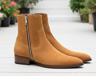 Tan Suede Ankle Men Side Zipper Western Cowboy Boots Handmade Leather Boots