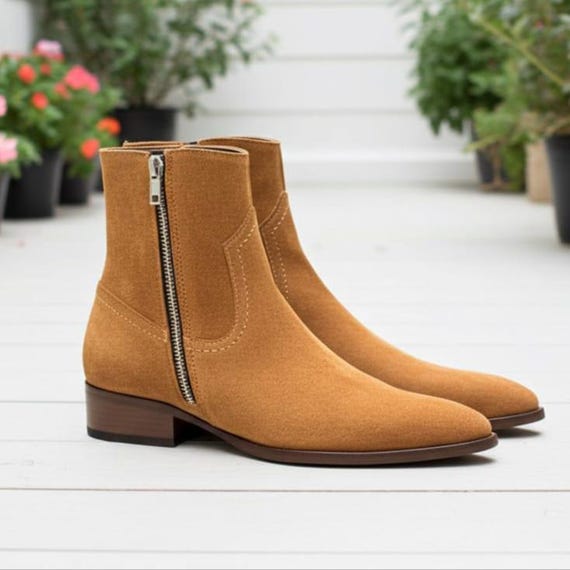 Men\'s Tan Suede Ankle Boots with Side Zipper Handmade Men Tan color Suede ankle boots Men side zipper  main image 3