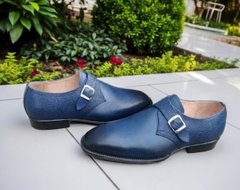 Blue Monk Strap Shoes Men Handmade Leather Formal Dress Shoes Elegant