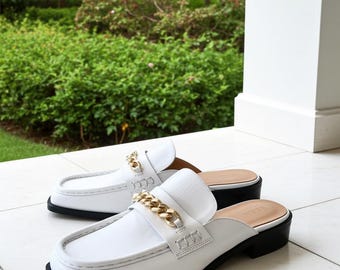 Handmade White Leather Horsebit Mules for Men – Luxury Backless Slip-On Loafers