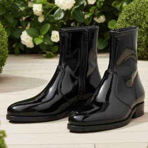 May include: A pair of black ankle boots with a high-gloss patent finish. These boots feature a sleek, pointed toe design, a low block heel, and a vertical zipper closure on the inner side of each boot, providing a polished and structured appearance.