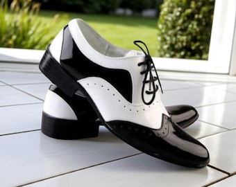 Handmade Leather Spectator Wingtip Brogue Shoes - Black & White
