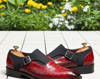 Handmade Red Crocodile Embossed Leather Monk Strap Loafers for Men | Luxury Dress Shoes