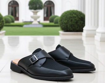 Handmade Black Buckle Mules for Men | Backless Leather Loafers | Slip-On Dress Shoes