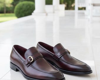 Handmade Burgundy Buckle Loafers Leather Dress Shoes Leather Sole Slip On Formal Footwear