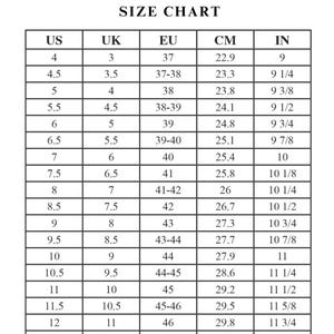 May include: Size chart with US, UK, EU, CM, and IN measurements. The chart includes sizes from US 4 (22.9 cm, 9 in) to US 15 (31.7 cm, 12 1/2 in). The chart is labeled "LEATHER LIFESTYLE STUDIO".