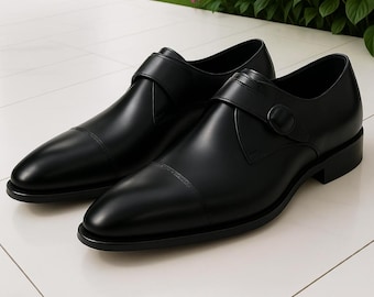 Classic Black Leather Monk Strap Shoes Men Handmade Formal Dress Shoes Wedding Party