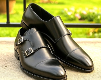 Black Double Monk Strap Shoes Men Handmade Leather Formal Business Dress Shoes