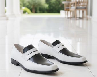 Handmade Black White Penny Loafers Luxury Leather Dress Shoes Formal Wedding Footwear
