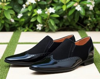 Zapatos de vestir de lujo para hombre, estilo formal, hechos a mano, de charol negro y ante.
