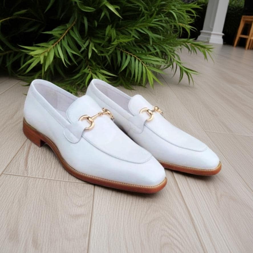 White Leather Horsebit Loafers Men Handmade Slip-On Dress Shoes Formal Luxury White Leather Horsebit Loafers Men Handmade Slip-On Dress Shoes Formal Luxury