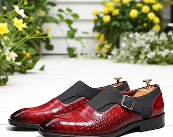 Monk Strap Dark Burgundy Dress Shoes Mens Burgundy Alligator Print Single  Monk Strap Shoes Exotic