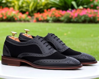 Luxury Men&#39;s Black Suede & Leather Brogue Shoes - Handmade Designer Dress Shoes