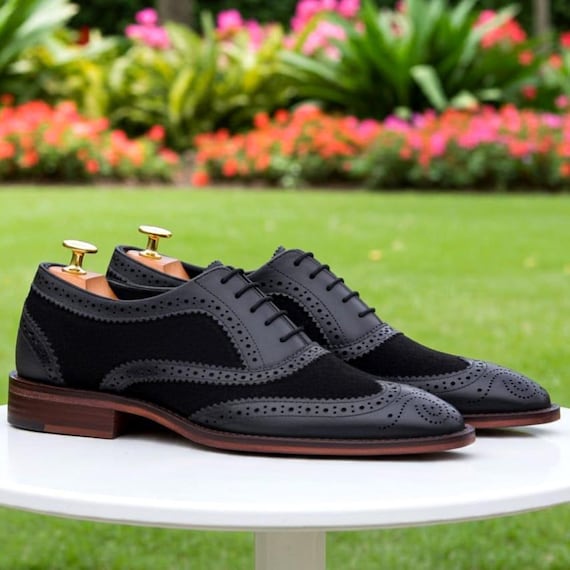 Luxury Men's Black Suede & Leather Brogue Shoes - Handmade Designer dress  shoes - Etsy Israel