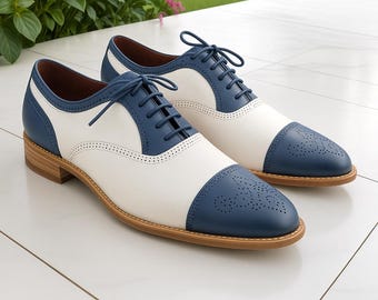 White Blue Brogue Oxford Shoes Men Handmade Leather Cap Toe Summer Formal Dress Shoes
